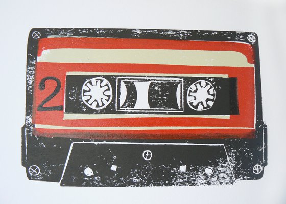 Linocut tapes #14 (cassette tapes, retro music, 70's, 80's rock culture)