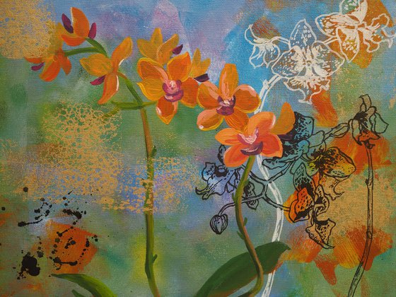 Yellow orchids on abstract background