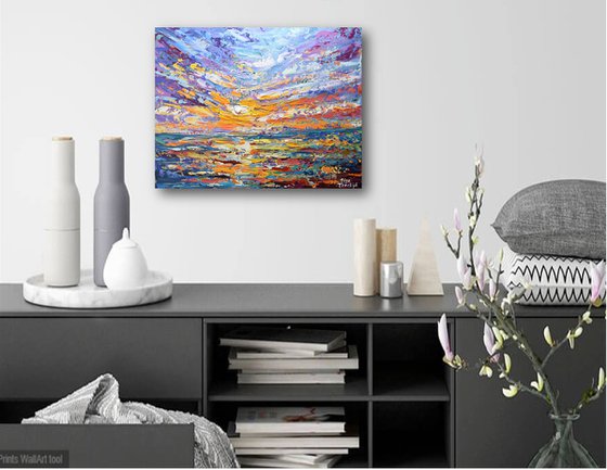 Lavender sky - Original Sunset Painting on Canvas, Heavy impasto seascape artwork