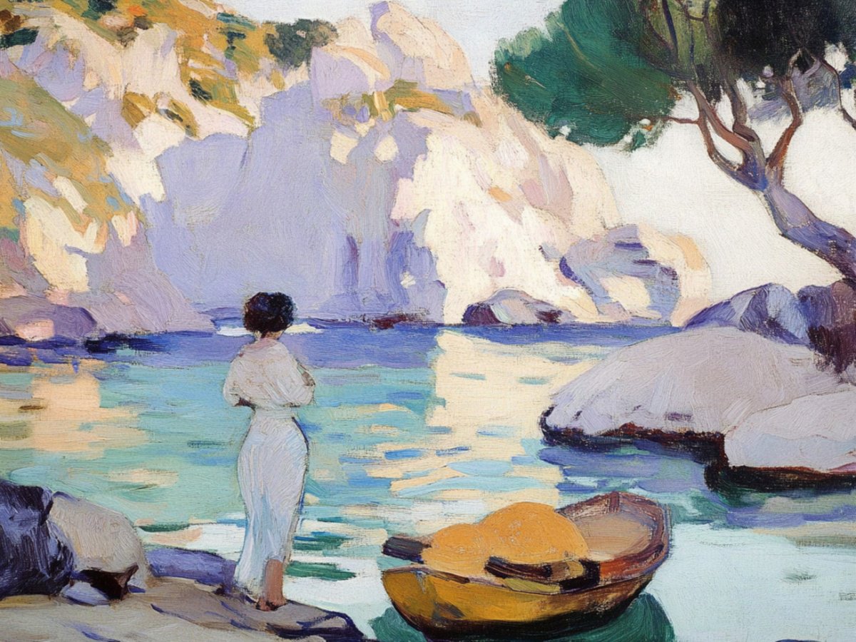 Impressionistic Landscape Print By Elena Avanesova, 31 X 24, Woman In A Boat, Original Artwork