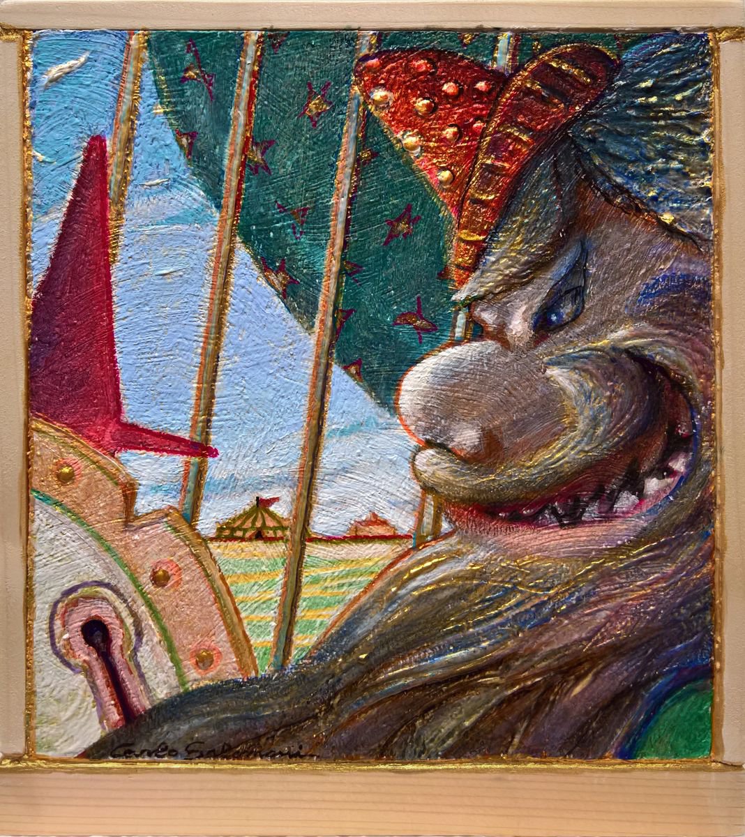 Cartoon Portrait Acrylic Painting By Carlo Salomoni, 8 X 9, - Pinocchio Imprisoned, Original Artwork