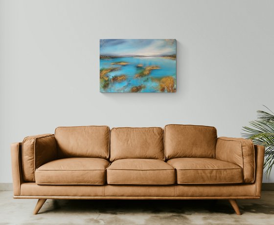 A large abstract beautiful structured mixed media painting of a lake "On the lakeshore"