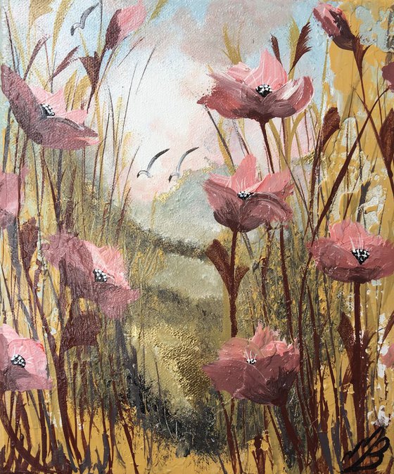 Pink poppies on gold leaf