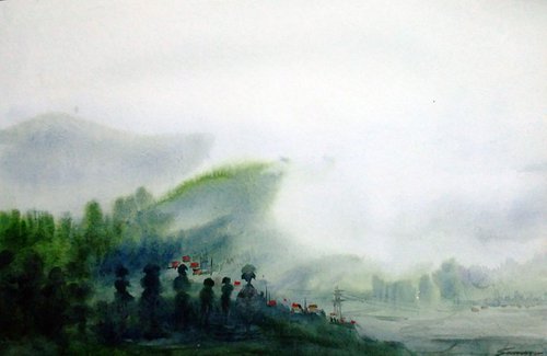 Cloudy Mountain Landscape - Watercolor on Paper by Samiran Sarkar
