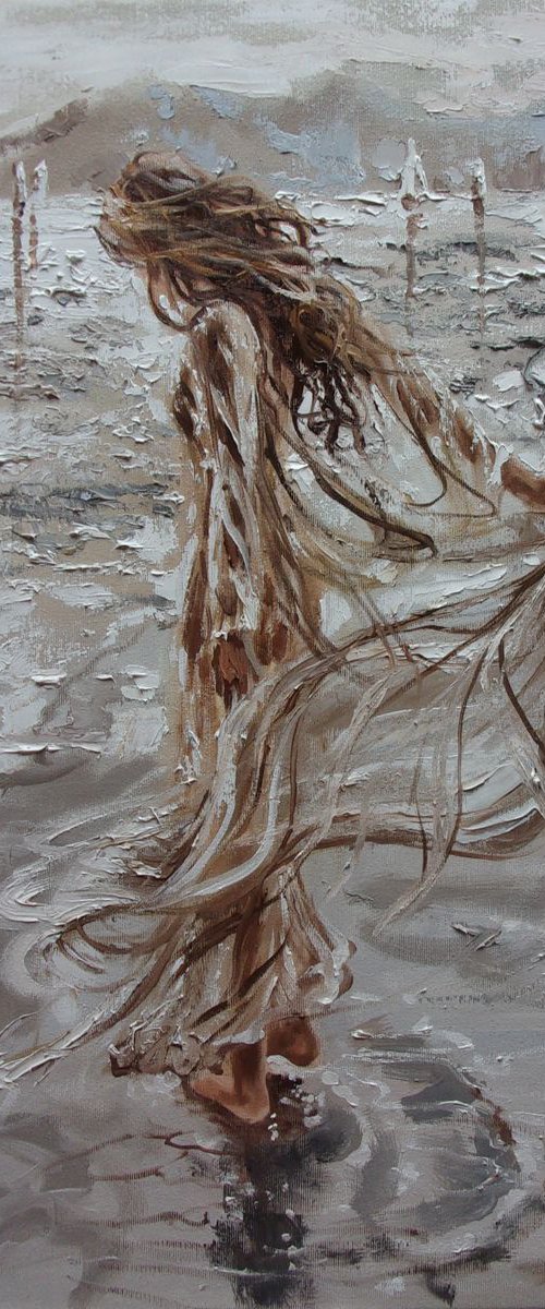 " BAY OF DREAMS ... "- SKY SEA SAND liGHt  ORIGINAL OIL PAINTING, GIFT, PALETTE KNIFE by Monika Luniak