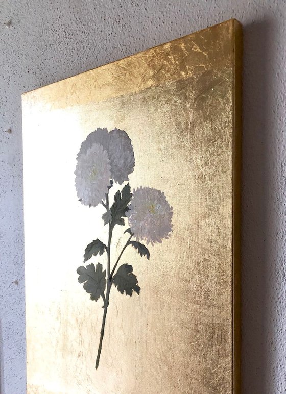 The Great White Chrysanthemum Oil Painting on Lacquered Golden Leaf Canvas