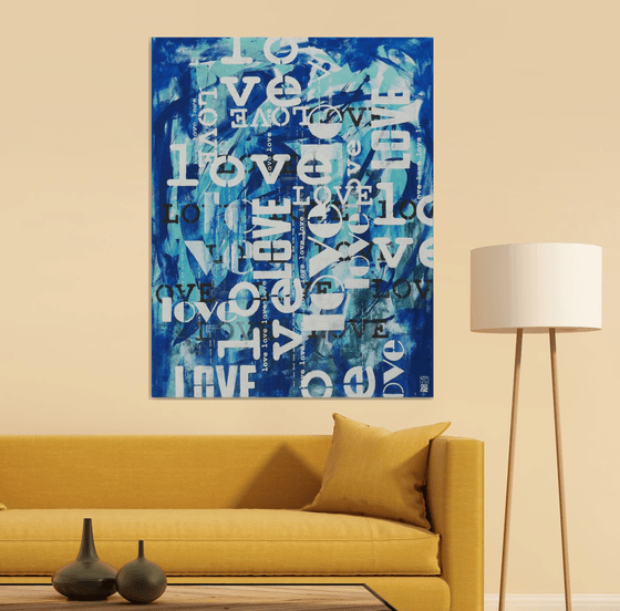 LOVE in blue - love letters - Typographic artwork - 90x115 cm - Ronald Hunter - 13D