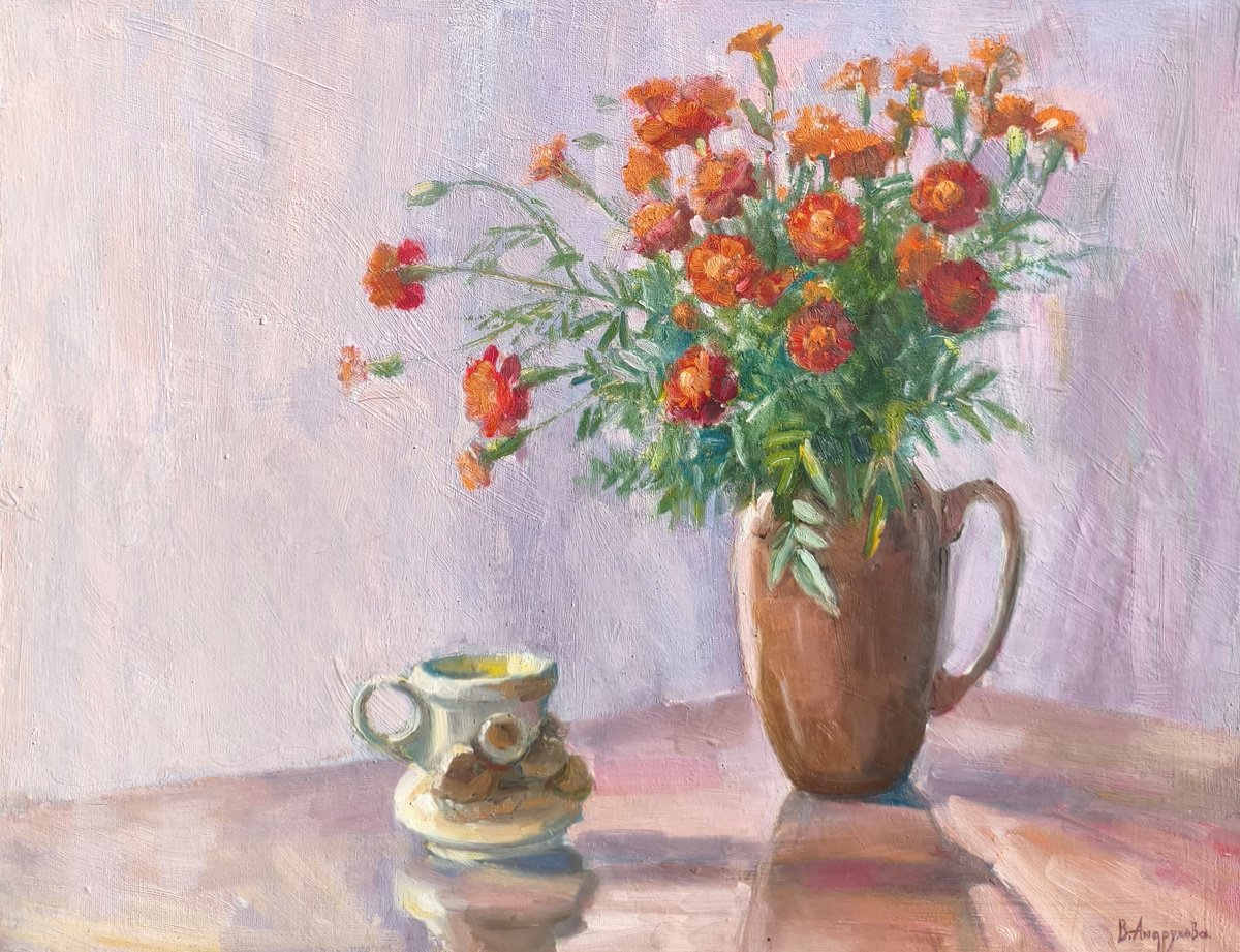 Impressionistic Still Life Oil Painting By Valentina Andrukhova, 26 X 20", Marigolds In A Clay Pot, Original Artwork