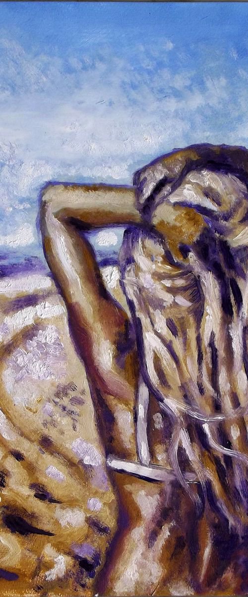 SEASIDE GIRL - GIRL WATCHING THE HORIZON - Oil painting (30x42cm) by Wadih Maalouf