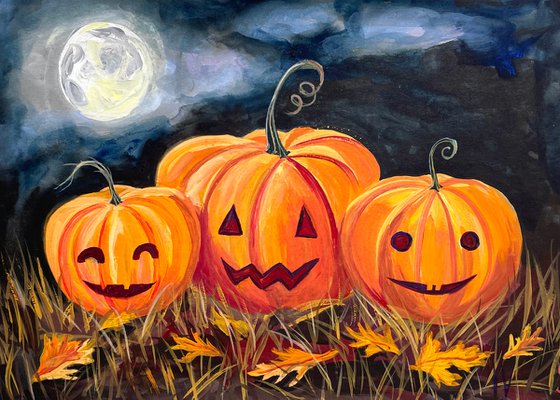 Halloween Gouache Painting Original, Pumpkins Wall Art, Cute Spooky Pumpkins, Fall Home Decor