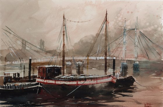 Boats moored on the River Thames, London, Albert Bridge