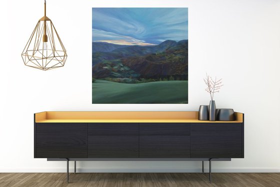 Sunset mountain landscape oil painting