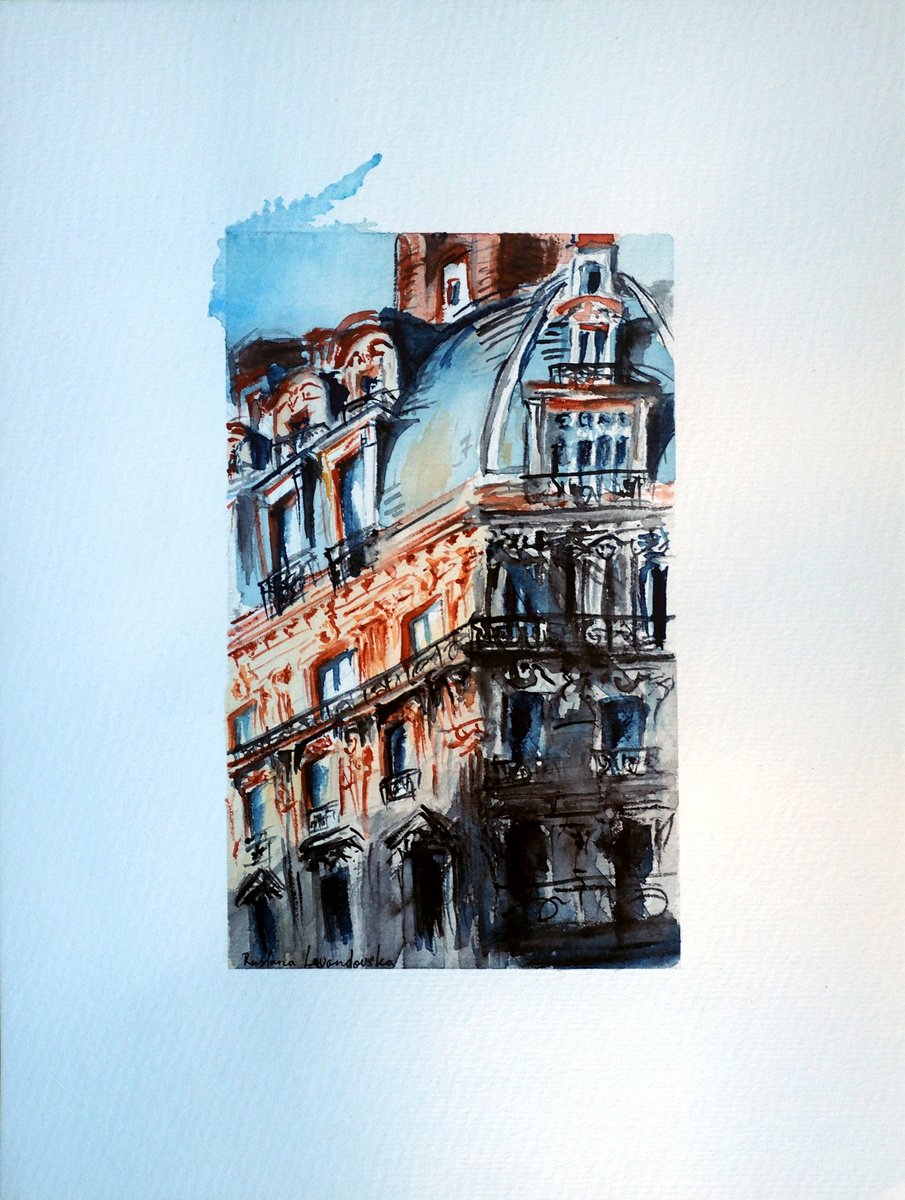 Impressionistic Cityscapes Watercolour By Ruslana Levandovska, 9 X 11", Haussmannian Paris Watercolor, Original Artwork