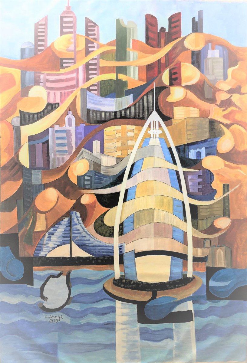 Expressive Cityscapes Acrylic Painting By Abdelrahman Shamieh, 43 X 63, Burj Al Arab, Original Artwork