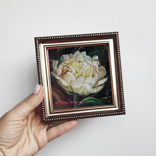 White peony oil painting original, Small art framed white flower, Unique peony wall art by Nataly Derevyanko