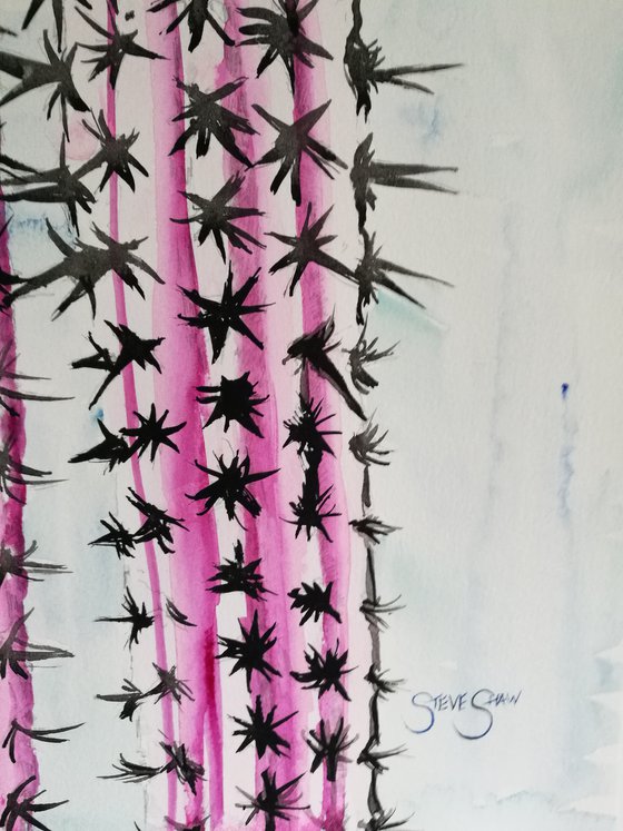 Pink and Spiky  ( pink & black cactus) ( on paper ) Free Shipping