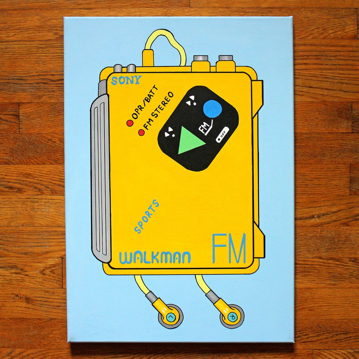 Still Life Acrylic Painting By Ian Viggars, 17 X 23, Retro Yellow Sports Walkman, Original Artwork