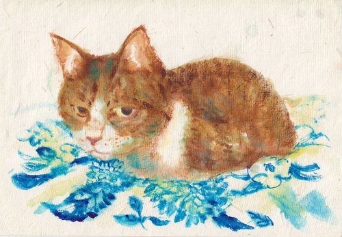 Cat relaxing on a bed by Yumi Kudo