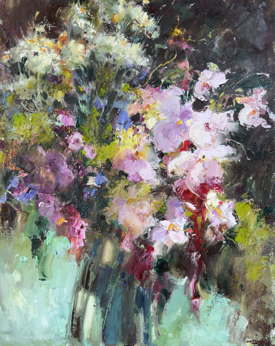 Impressionistic Botanical Oil Painting By Olha Laptieva, 16 X 20", Pink Evening, Original Artwork