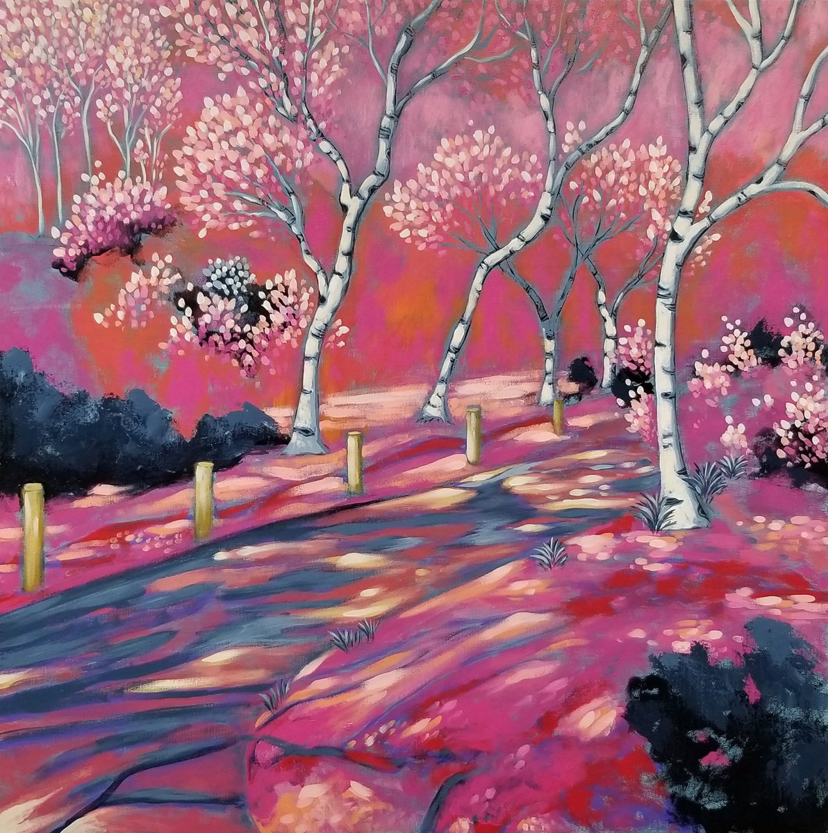 Impressionistic Landscape Acrylic Painting By Karen Rieger, 30 X 30", Evening In Pink, Original Artwork
