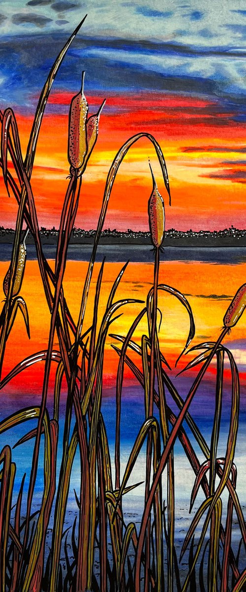 Fiery marsh sunset by Karen Elaine  Evans