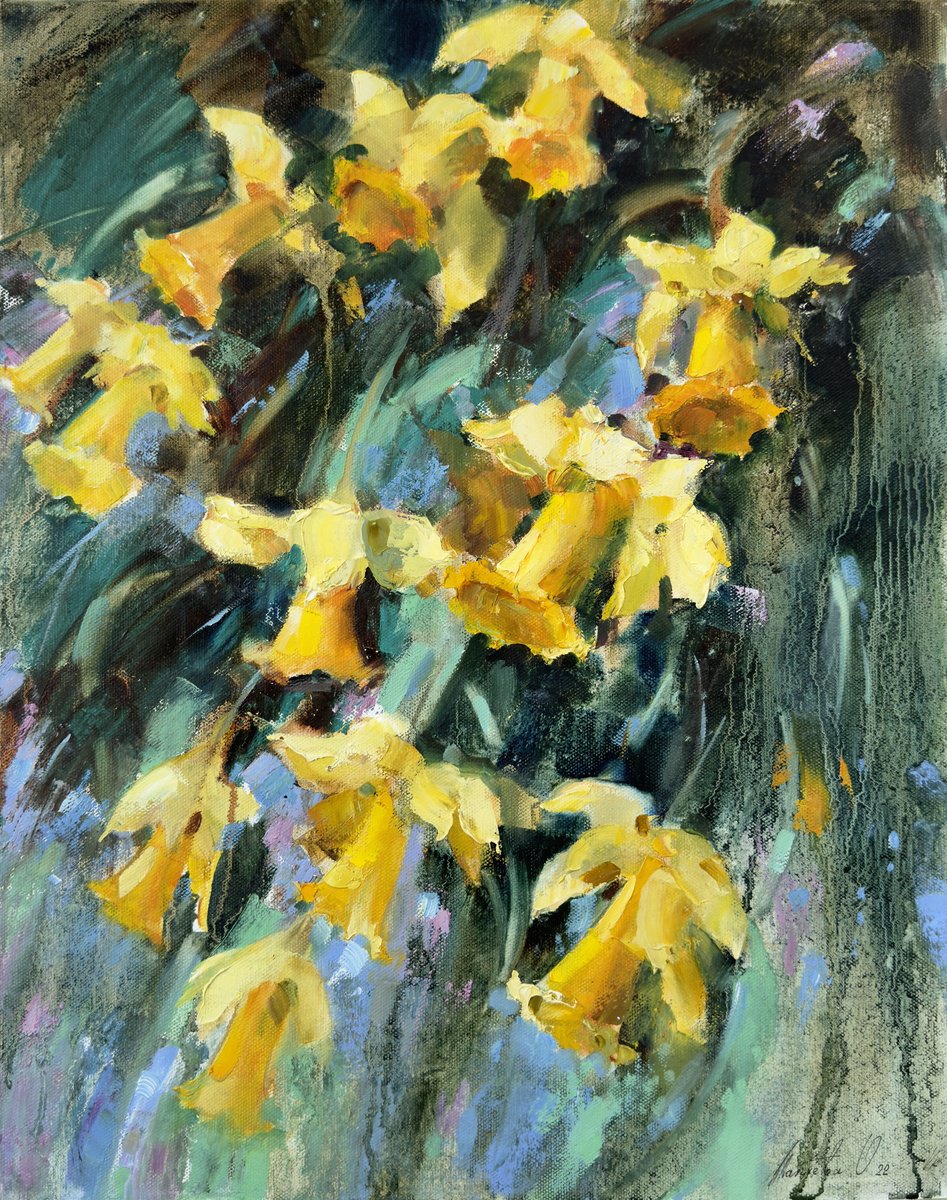 Impressionistic Botanical Oil Painting By Olha Laptieva, 21 X 25", Daffodils. Spring Flowers, Original Artwork