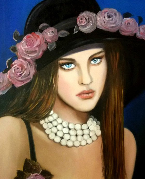 Lady with hat - portrait-oil painting- home decor