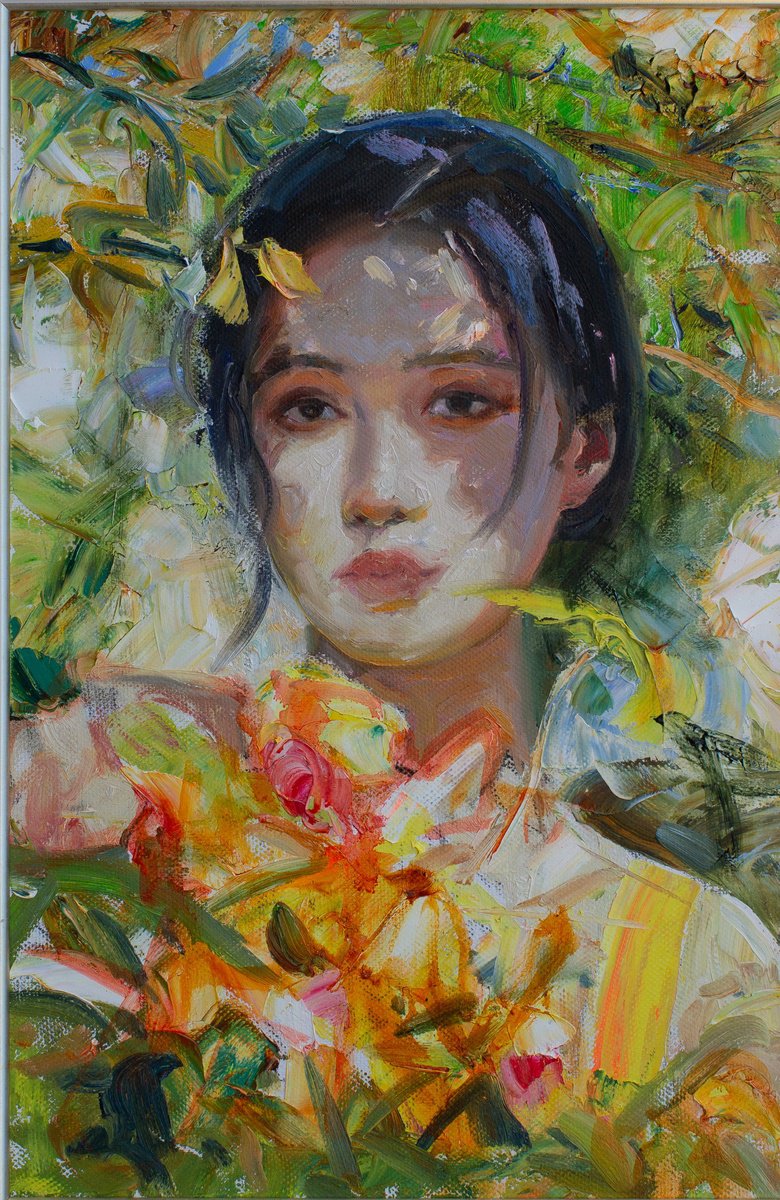Impressionistic Portrait Oil Painting By Khanlar Asadullayev, 16 X 24", Girl With Flowers, Original Artwork