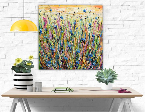 Cornflower Meadow - Abstract Floral Painting, Wildflower Field Textured Wall Art