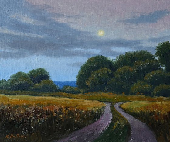 The Path Under The Moon - landscape, painting