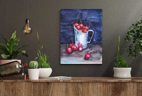 Cherries on darkness light - original watercolor artwork