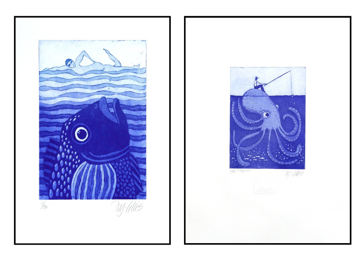 Illustrative Landscape Etchings & Engravings By Mariann Johansen-Ellis, 10 X 14", Danger Of Being Male And Oops, Artfinder