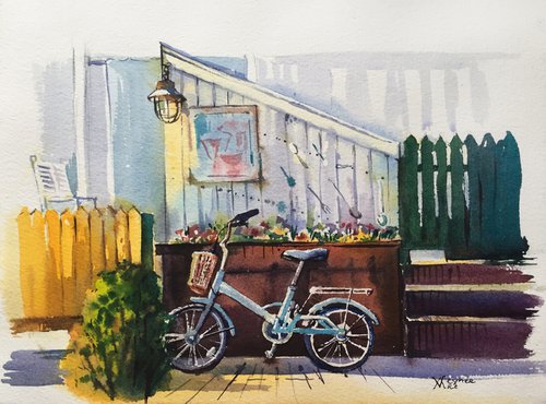 Cozy courtyard. Urban landscape with a blue bicycle. by Natalia Veyner