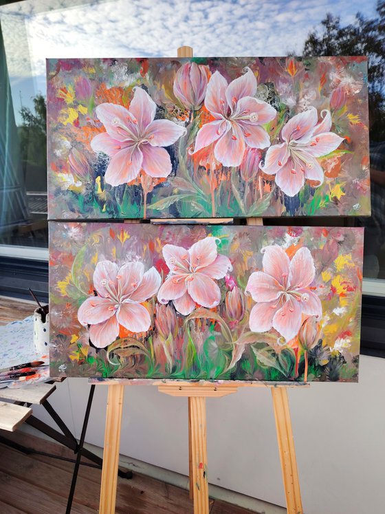 Author's painting "Radiant Lilies". Diptych.