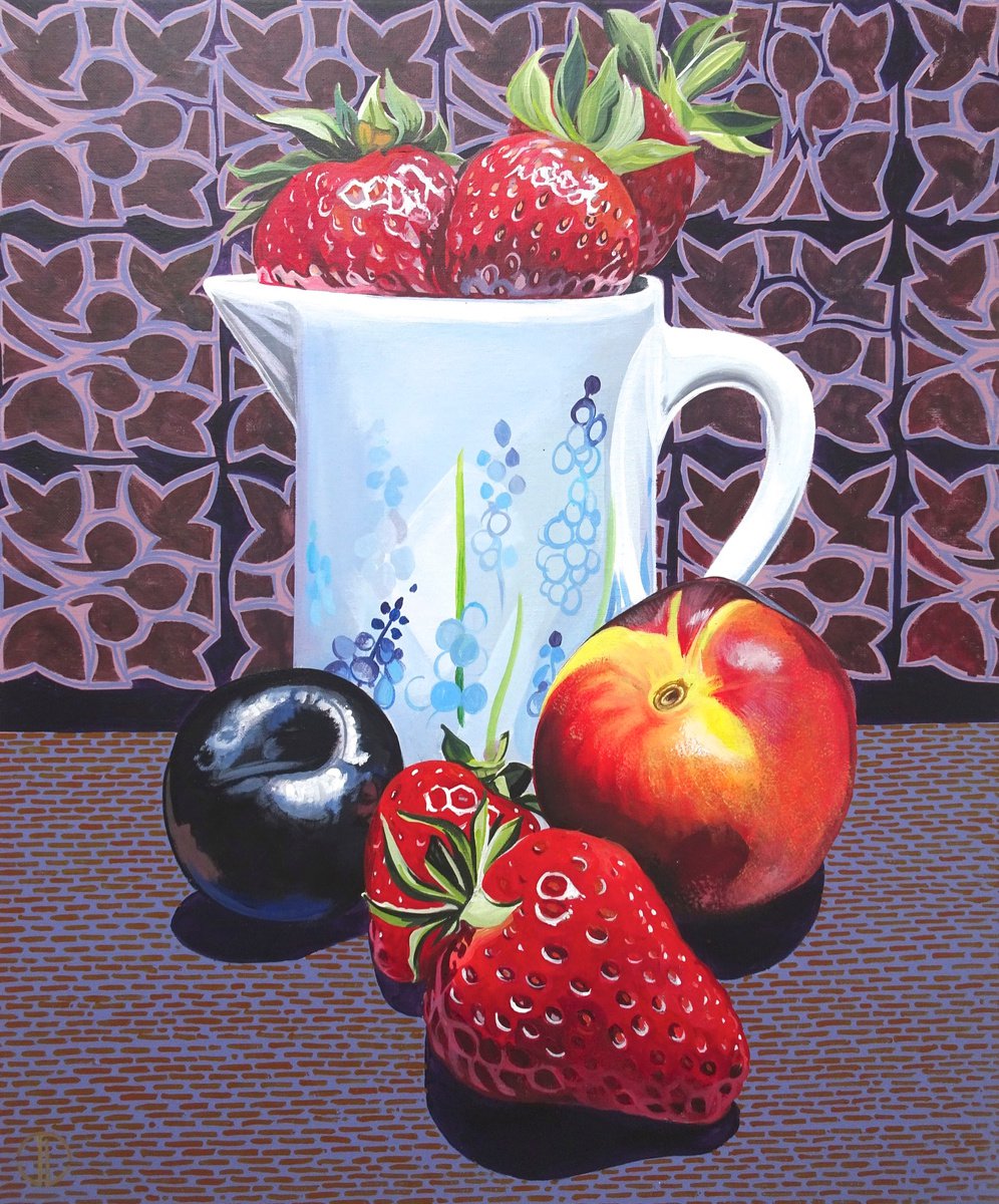 Photorealistic Still Life Acrylic Painting By Joseph Lynch, 20 X 24, Strawberries, Original Artwork