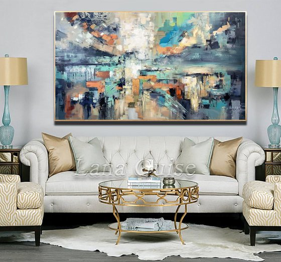 Shining Light - Extra Large Abstract Painting 71" x 40" , Oversize Canvas, Gray, Blue Gold Leaf Soft Colors White Gray Painting