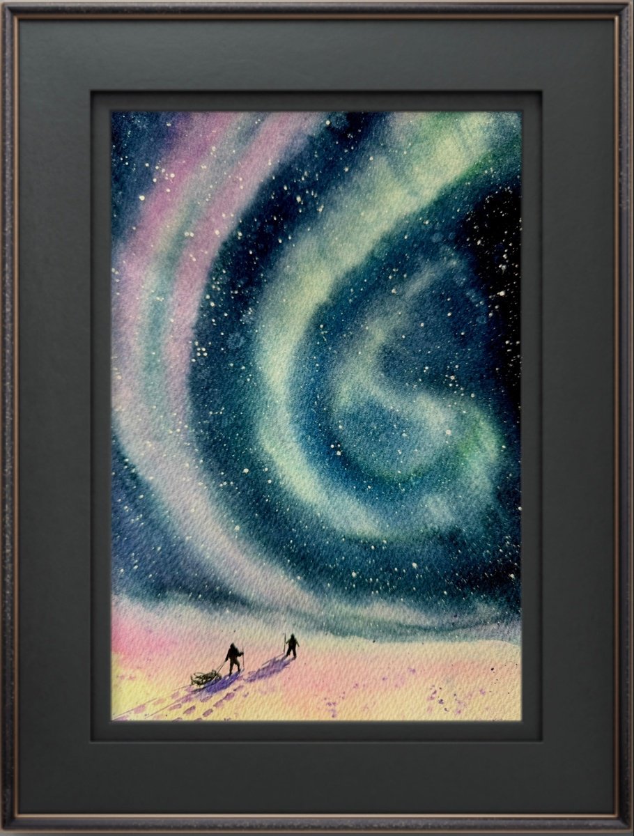 Illustrative Landscape Watercolour By Yuliia Sharapova, 13 X 17", Aurora Boreal Lapland Newyear, Original Artwork