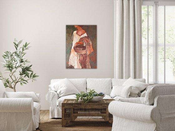 Alone among roses shrubs - Figurative Woman Painting on Canvas