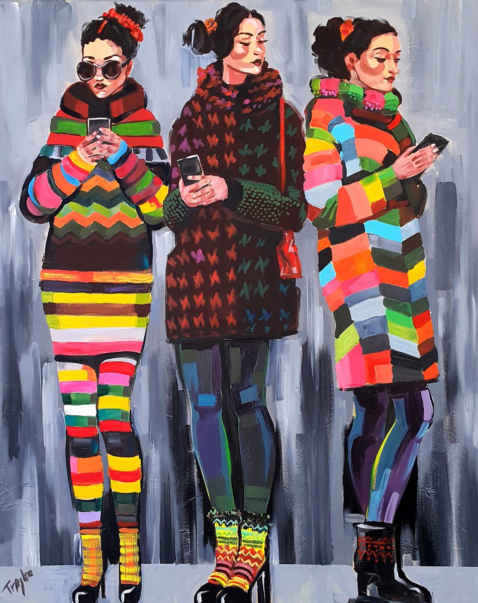 Abstract Portrait Acrylic Painting By Trayko Popov, 31 X 39", Connected In Color, Original Artwork