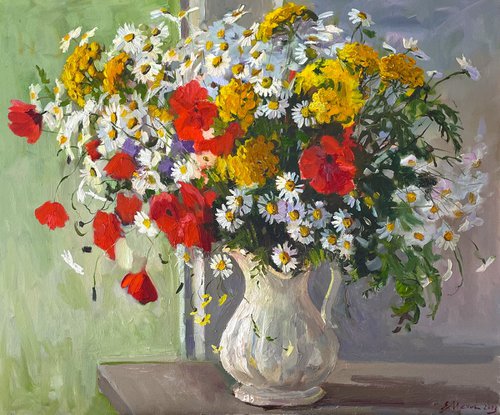 Still Life Painting with Wildflowers by Evgeniia Mekhova