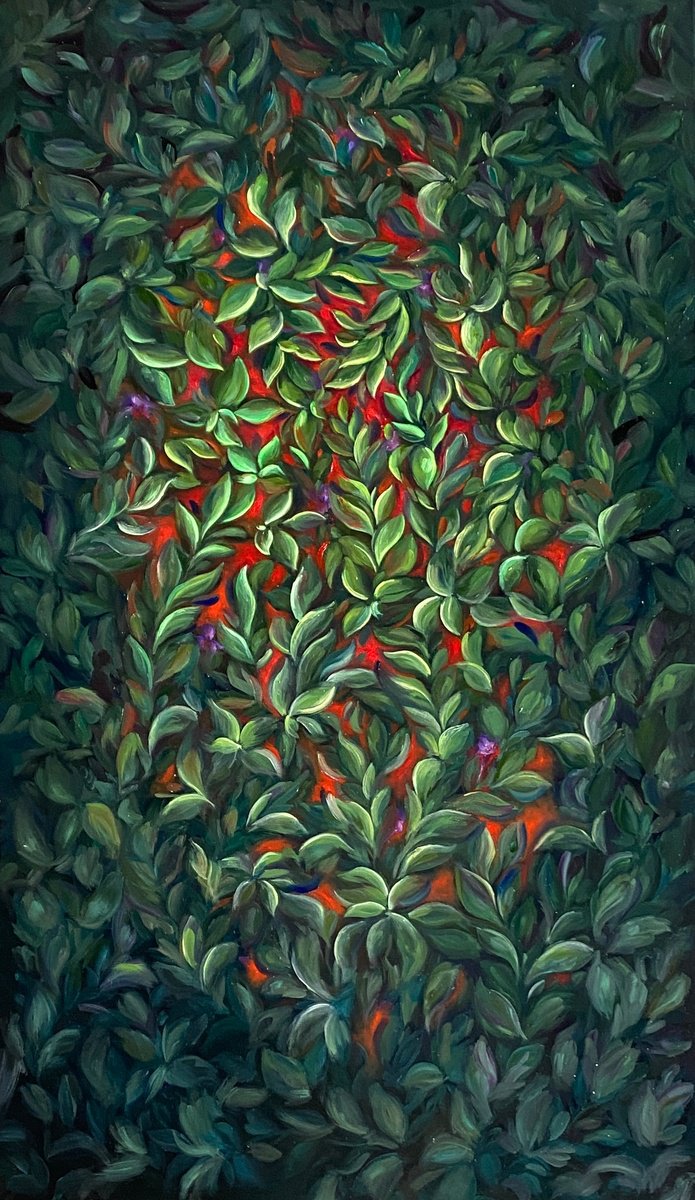 Organic Botanical Oil Painting By Yuliia Poraiko, 28 X 47", Periwinkle, Original Artwork