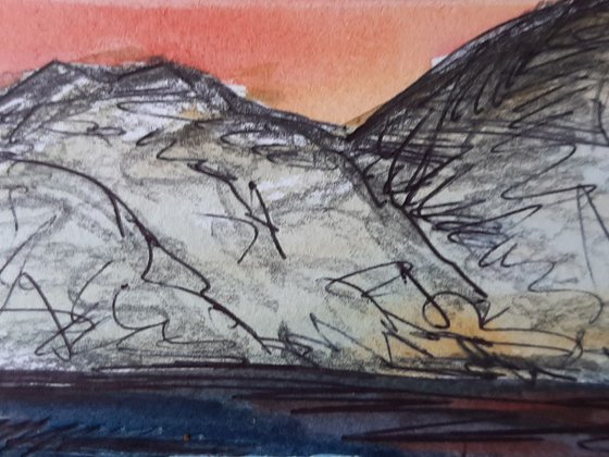 Sunset over Croagh Patrick - a watercolour and pen study