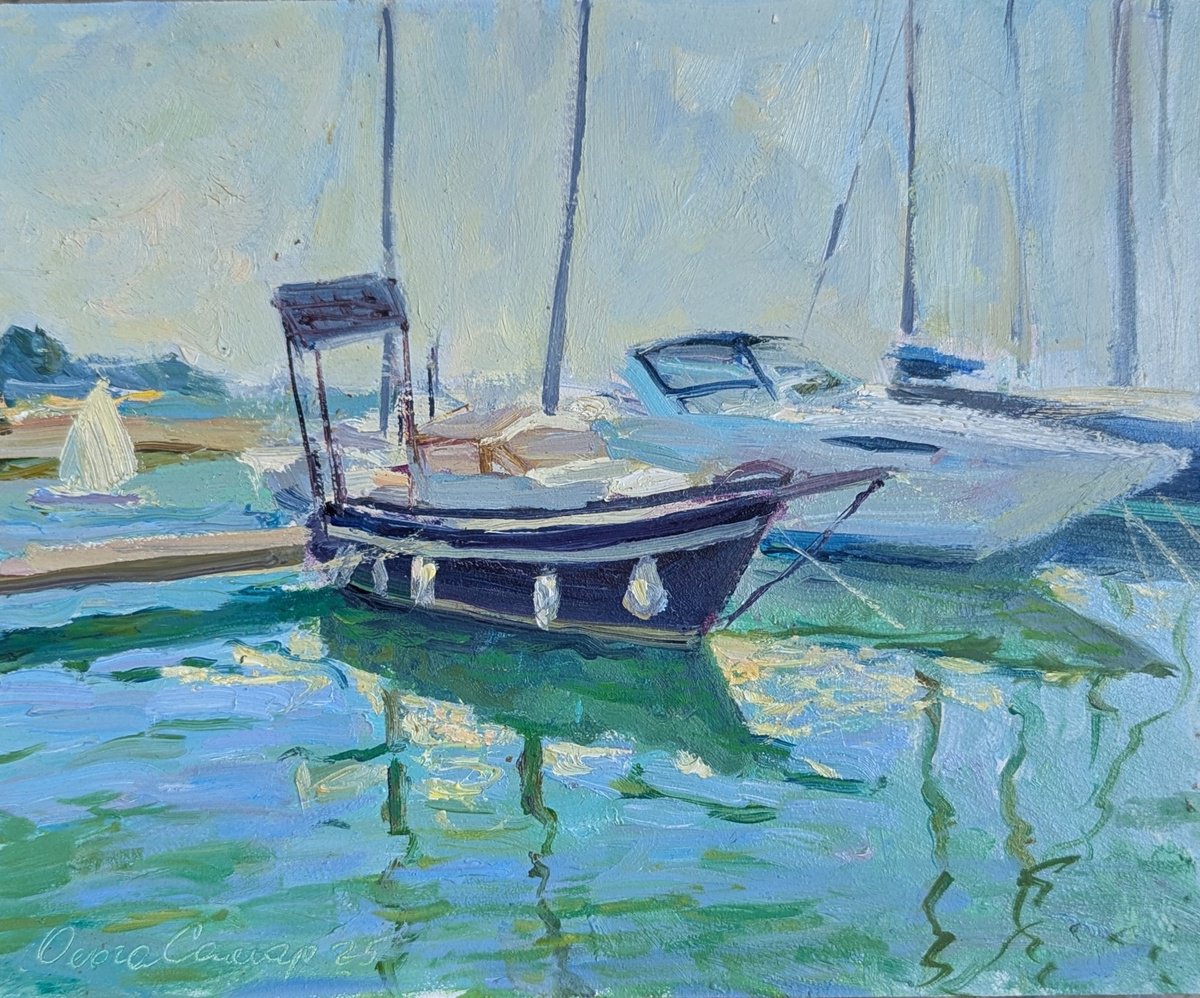 Impressionistic Landscape Oil Painting By Olga Samar, 12 X 9", Yachts, Original Artwork