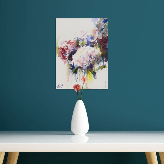 Hydragenias. Abstract Watercolor. Small original flowers botanical impressionistic decor detail spring summer inspiration