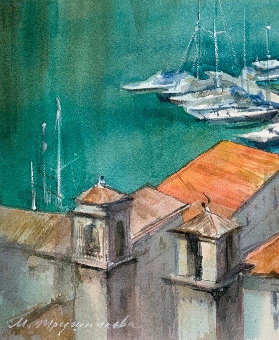 Kotor. View of the old town and bay. Watercolour by Marina Trushnikova. Ceascape. Architectural scenery. Plain air artwork.