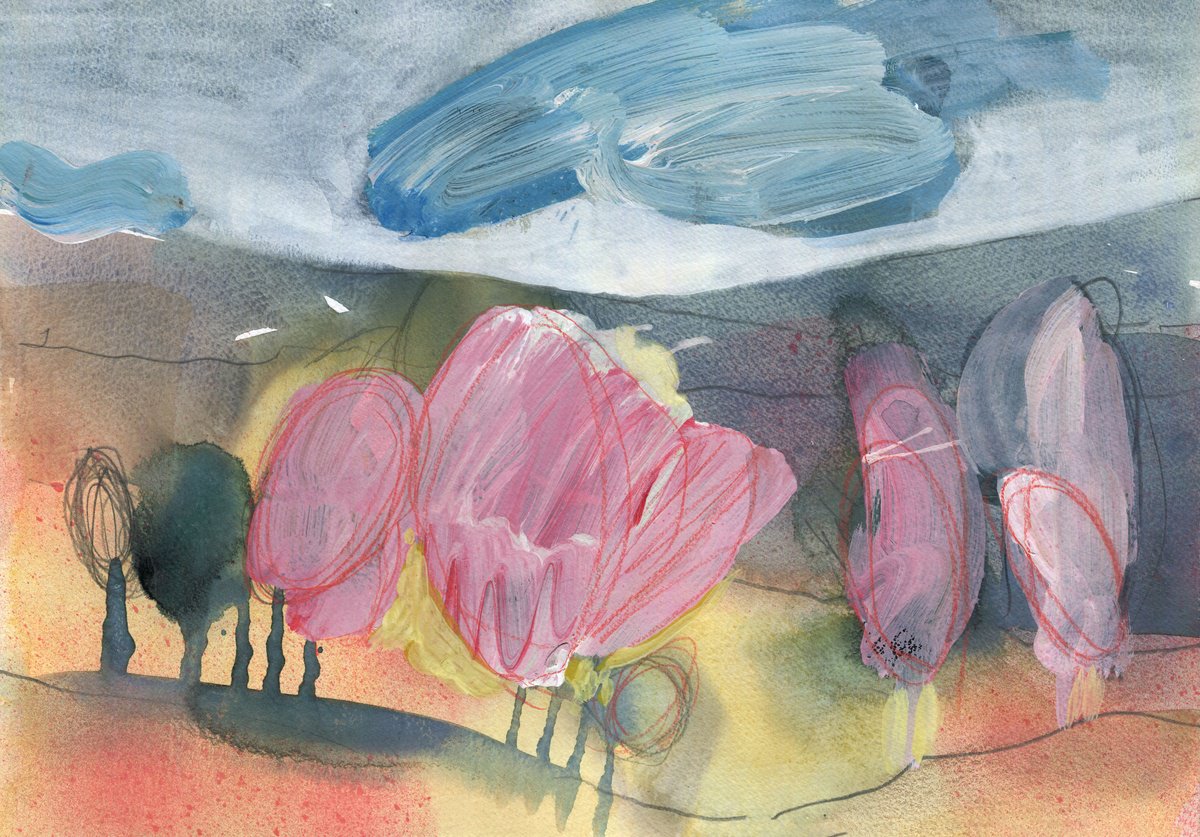 Impressionistic Watercolour , Blossom Trees 2 By Elizabeth Anne Fox, 17 X 12, Artwork For Sale On Artfinder