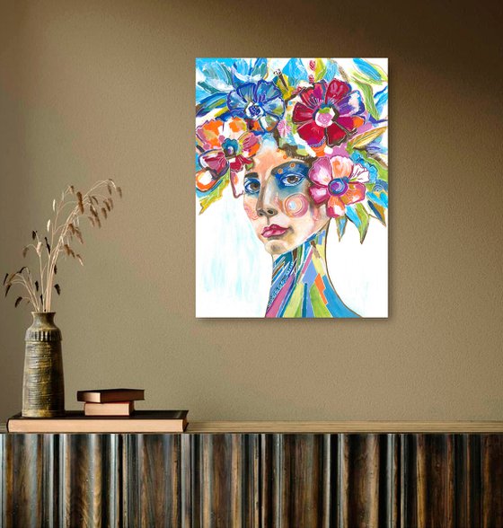 Flower Portrait 2, Floral Woman Portrait Bouquet Painting Modern Wall Art