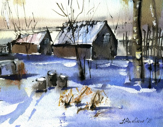 Winter sunset in the countryside original watercolor painting, snowy landscape