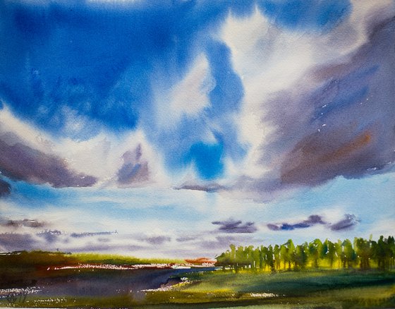 Fall sky in Salamanca, Spain. Original watercolor. Landscape cloud blue nature dramatic interior blue