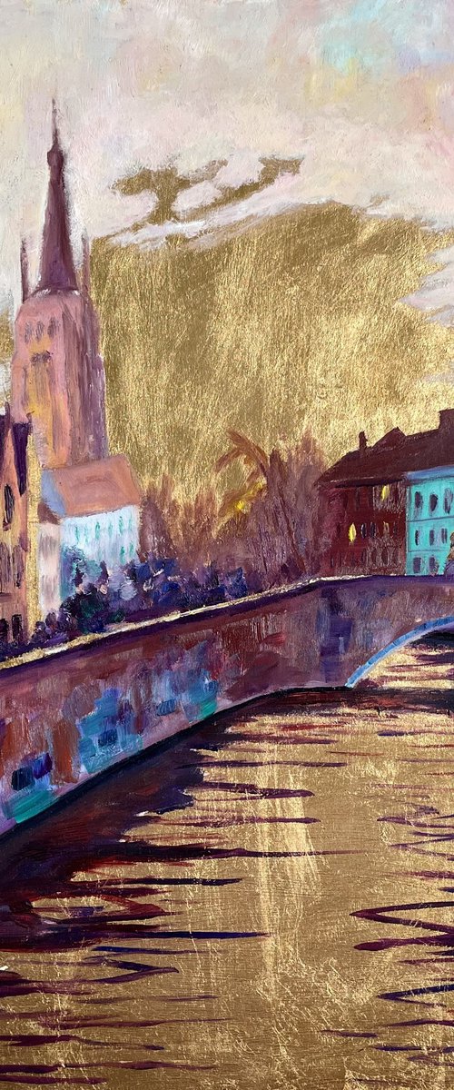 Bruges golden oil painting by Kate Grishakova